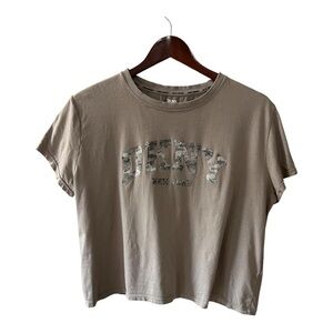 DKNY Sport Vintage Crop T Shirt Light Brown Sparkle Camo Logo Size L